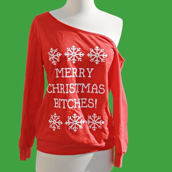 Women's Humorous Christmas Shirt Single Shoulder Long Sleeve NWOT - Picture 1 of 9
